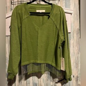 BlueVelvet Green Knit Top with Fringe Detail
